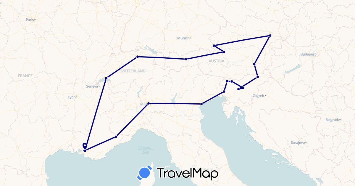 TravelMap itinerary: driving in Austria, France, Italy, Slovenia (Europe)
